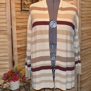 Lane Bryant 18/20 Open Front Cardigan Tan Brown Burgundy Stripes